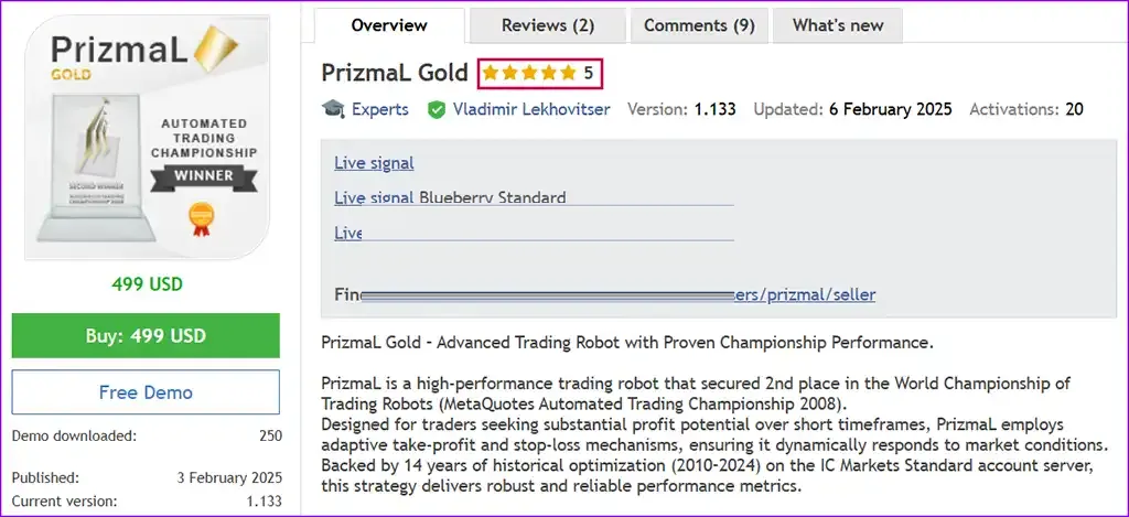 PrizmaL Gold EA MT5 v1.141 (Official version) | Available